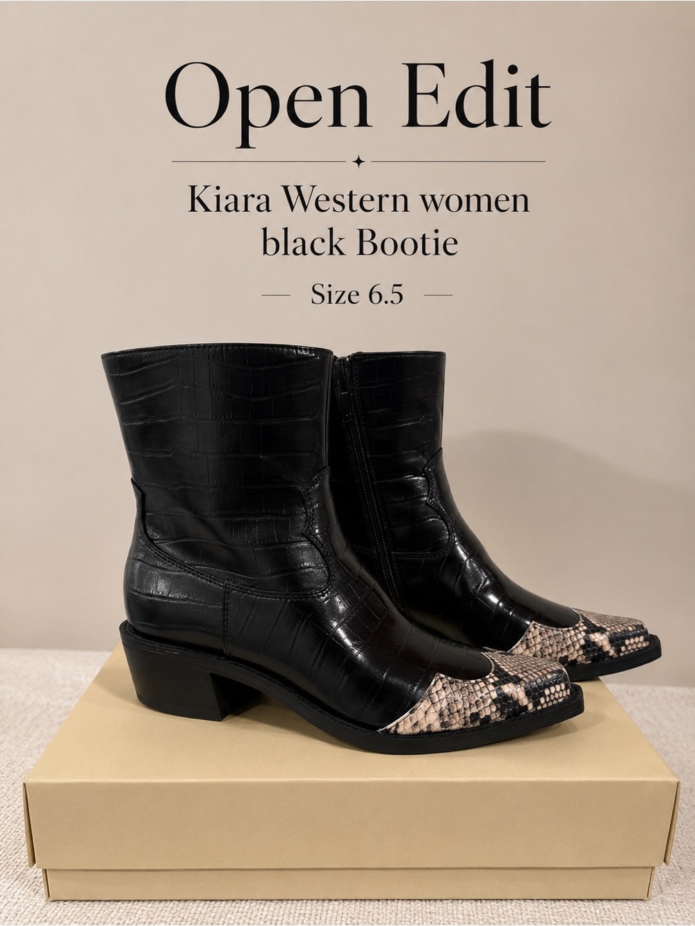 Open Edit Kiara Western women black cowboy sneakskin country west Bootie/ 6.5